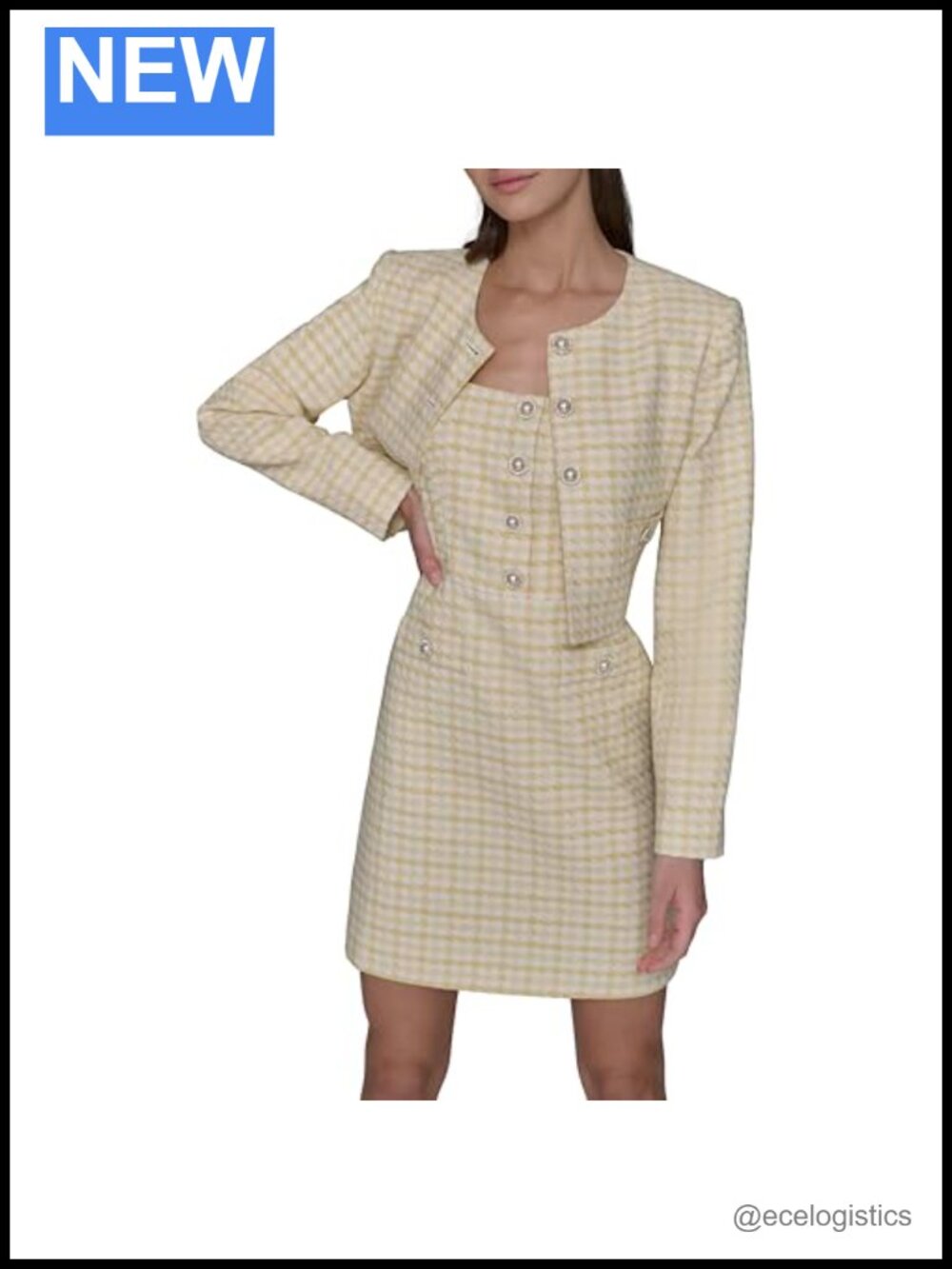 Tweed Cropped Scoop Neck Blazer 3/4 Sleeve Button Front